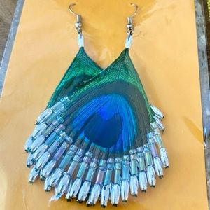 Peacock Feather Silver Bead Boho Balinese Earrings